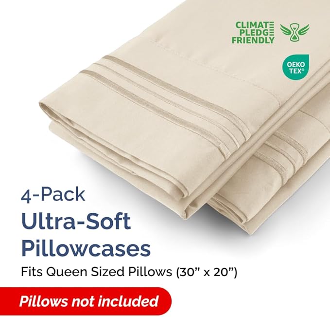 Pillowcases - Ultra Soft Hotel Quality Pillowcase Covers - Comfy, Cozy & Wrinkle Free - Shrinkage and Fade Resistant - Machine Washable Pillow Protectors - (Queen, Wheat, 4 Piece Set)
