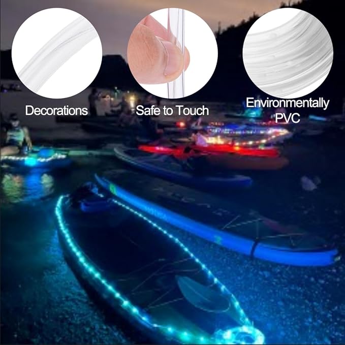 Kayak Glow Lights Kit, LED Glowing Rope Lights for Paddle Boards, Battery Operated Boat Lights with Remote Control, 17 Colors 7 Flashing Modes RGB Color Changing, Kayak Accessories (21ft)