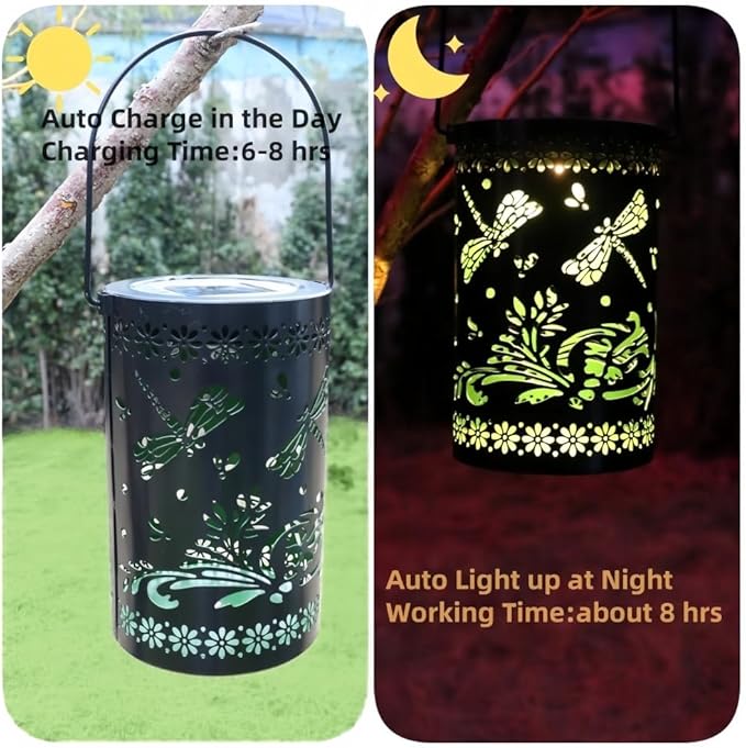 2 Pack Dragonfly Hanging Solar Lanterns Outdoor Waterproof,Black Metal Hollowed-Out Decorative Lanterns Solar Lights for Outside Yard Porch Tabletop Stairs Garden Decor