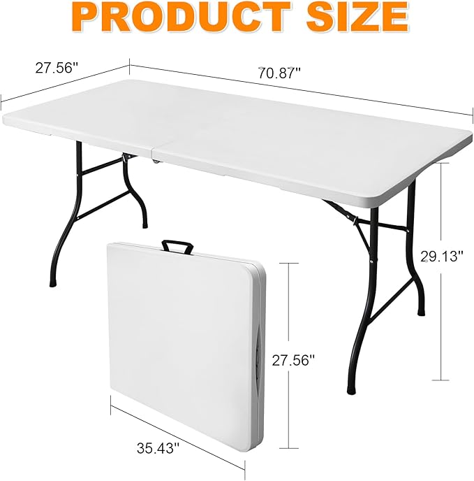 6ft Folding Table, Portable Heavy Duty Plastic Fold-in-Half Utility Table for Indoor/Outdoor Use, Dining, Camping, Picnic, Party, White