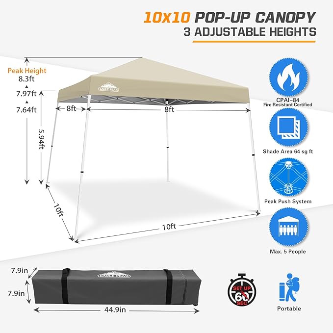 EAGLE PEAK 10x10 Slant Leg Pop-up Canopy Tent Easy One Person Setup Instant Outdoor Beach Canopy Folding Portable Sports Shelter 10x10 Base 8x8 Top (Light Beige)