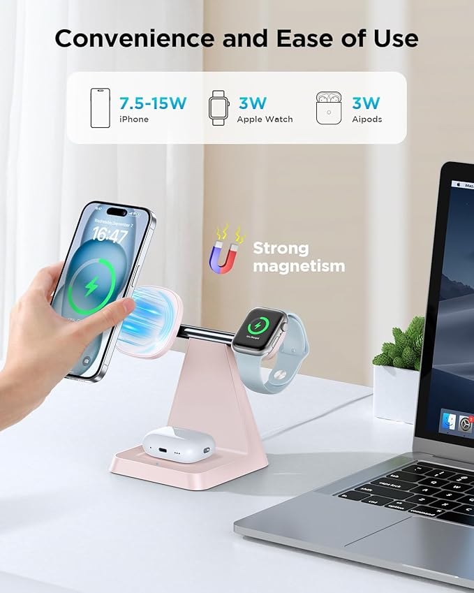 Magnetic Wireless Charger for iPhone - 3 in 1 Charging Station for Multiple Devices Charger Stand for Apple Watch iPhone 16 15 14 13 12 Pro Max