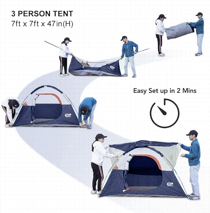 CAMPROS Tent-3-Person-Camping-Tents, Waterproof Windproof Backpacking Tent with Top Rainfly, Easy Set up Small Lightweight Tents, for All Seasons Hiking Beach Outdoor with 3 Mesh Windows