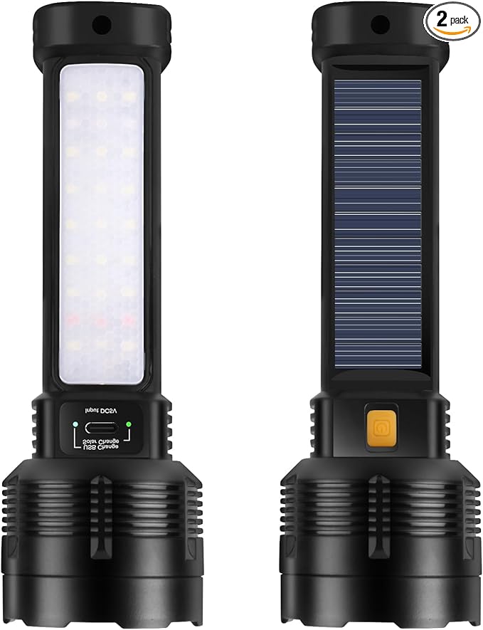 2 Pack LED Rechargeable Flashlight - 20000 Lumens Super Bright Tactical Flash Light, Compact & Waterproof, Long-Lasting Battery, Solar Flashlights for Home, Camping,Hiking, Emergencies, Adventures