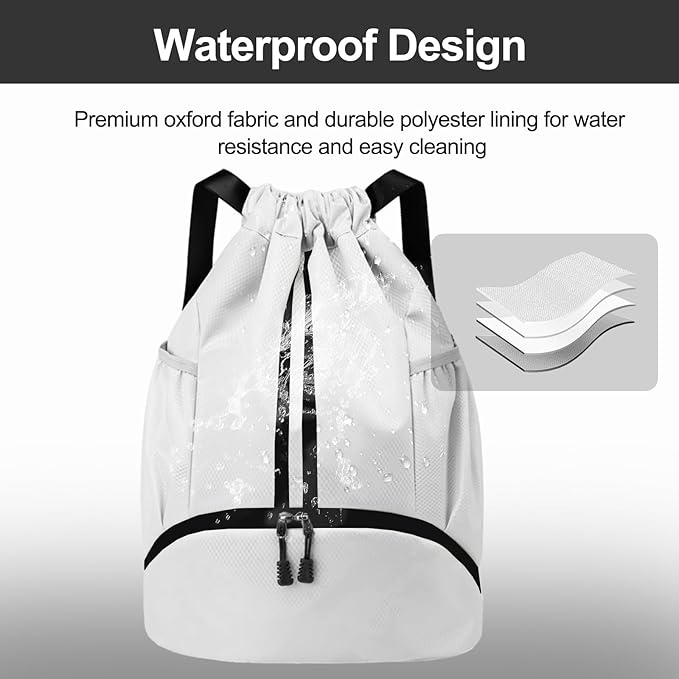 Hoedia Sports Drawstring Backpack - String Swim Gym Bag with Shoes Compartment and Wet Proof Pocket for Women/Men (White)