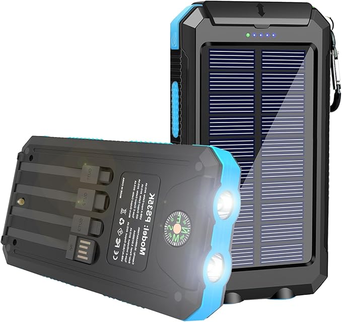 Solar Charger, 20000mAh Portable Type-C Solar Power Bank with 4 Cables, Waterproof Battery Pack, Outdoor External Backup Power Charger Six Outputs/LED Flashlights, Perfect for Camping Travel