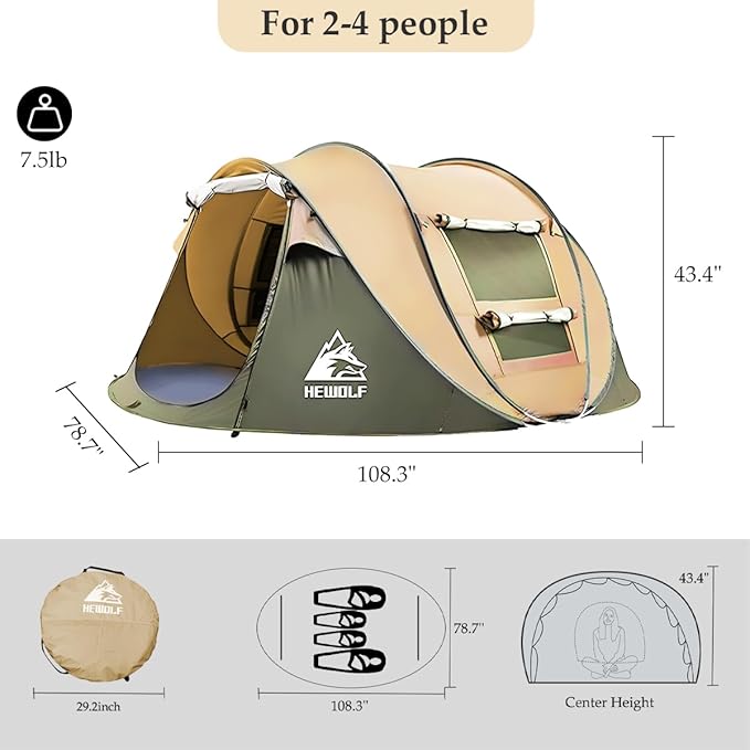 Pop Up Camping Tent 2/4 Person, Instant Family Tents, Easy Setup Automatic Tent for Camping Hiking & Traveling