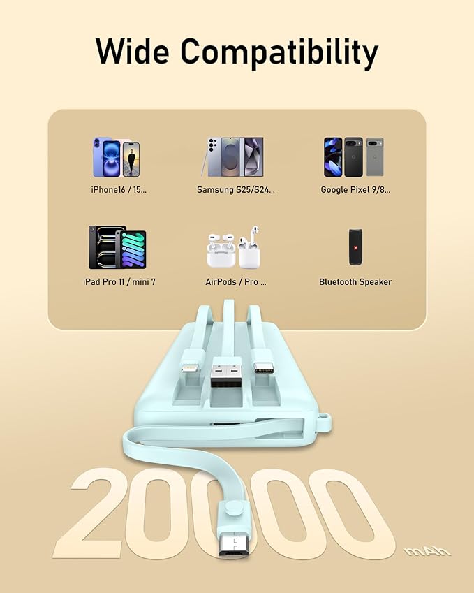 VEEKTOMX Portable Charger Built-in Cables, 20000mAh Power Bank for iPhone, Fast Charge USB C Battery Pack Travel Essentials Powerbank Compatible with iPhone 17/16/15/14, Samsung S25/24, Android, etc
