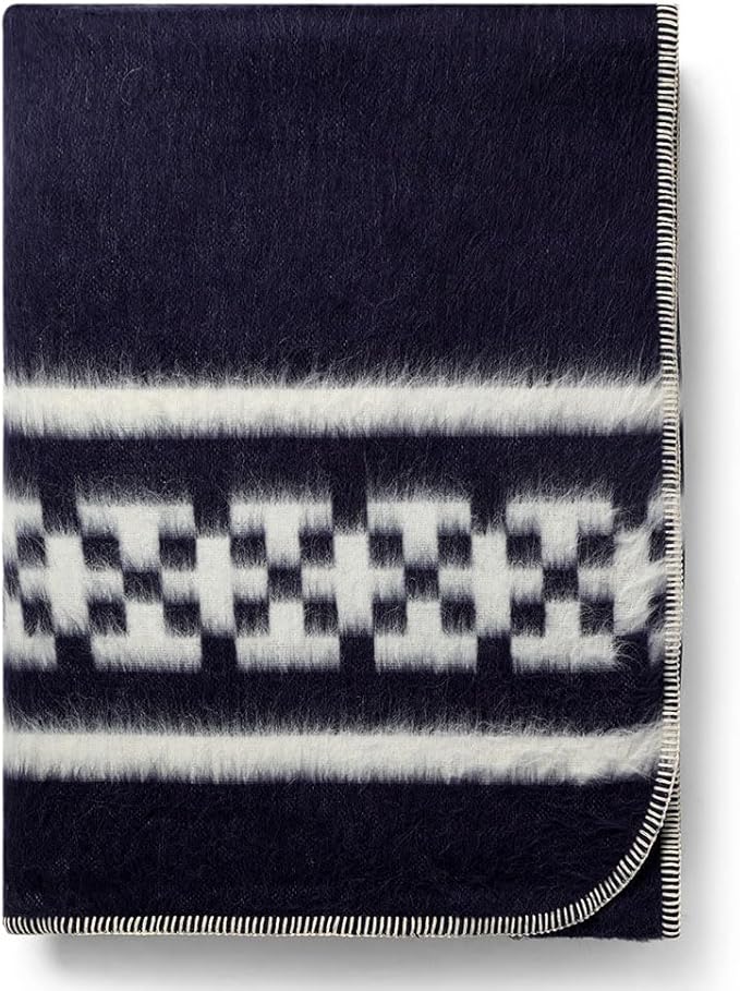 Inca Wall - Thick Alpaca Wool Blanket Heavyweight Camping Outdoors Indoors Soft Peru Queen Size New Ethnic Design (Navy Blue/Ivory, Queen Size)