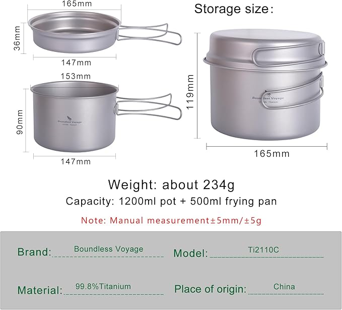 Boundless Voyage Outdoor Titanium Pot with Pan Set with Collapsible Folding Handle for Outdoor Camping Cooking Hiking Backpacking Portable Cookware