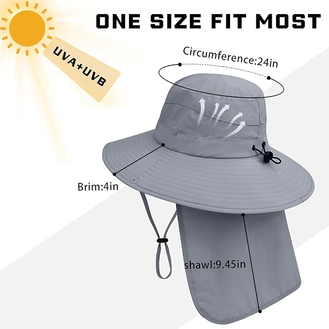 Sun Hats for Men Women, UPF50+ Protection Safari Hat,Wide Brim Fishing Hat with Neck Flap,Bucket Hats for Beach Hiking