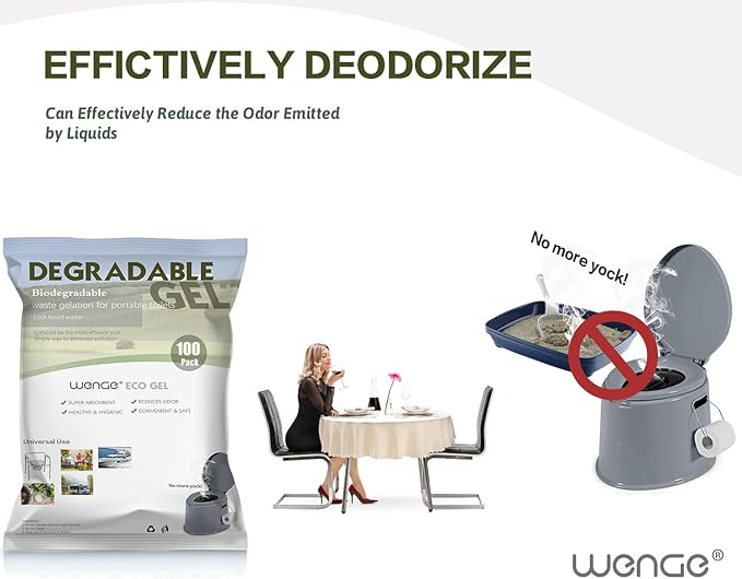 Wenge Poo Gel for Portable Toilet for Camping - 100 Pack Urine Super Absorbent, Solidifier, Liquid Waste Gelling and Deodorizing Powder, Eco Gel for Portable Toilet for Emergency Toilet Essentials