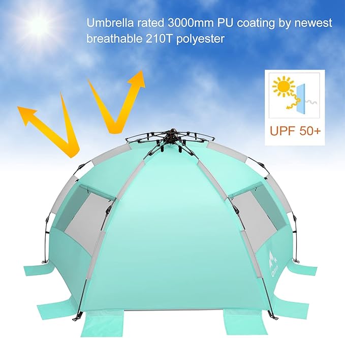 Oileus X-Large 4 Person Beach Tent Sun Shelter - Portable Sun Shade Instant Tent for Beach with Carrying Bag, Stakes, 6 Sand Pockets, Anti UV for Fishing Hiking Camping, Waterproof, Light Green