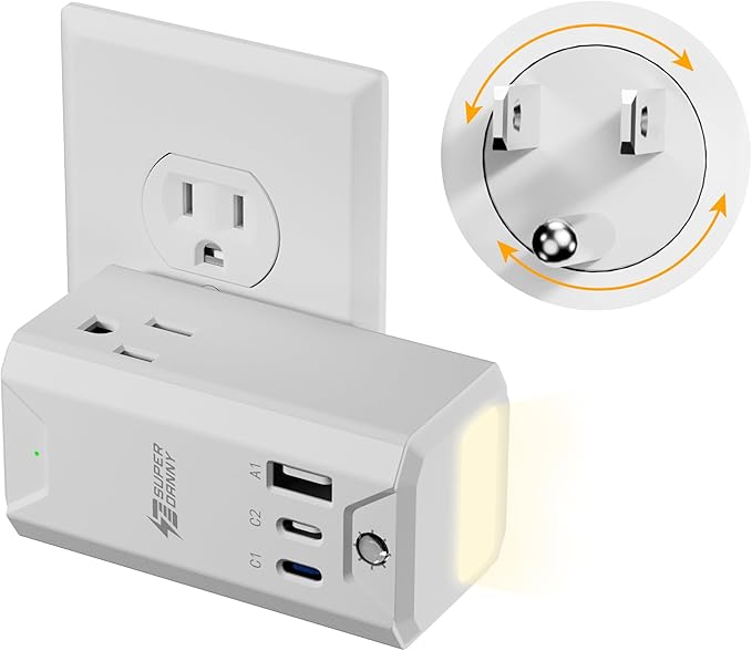 Rotating Wall Outlet Extender with Night Light, SUPERDANY 3 AC Outlet Adapter with 3 USB Ports, 20W USB-C Fast Charging, Automatic Light ON/OFF Dimmable, 4-Sided Outlet Splitter for Home Office Travel