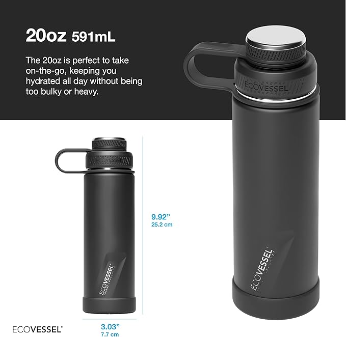 EcoVessel Stainless Steel Water Bottle with Insulated Dual Lid, Insulated Water Bottle with Strainer and Silicone Bottle Bumper, Coffee Mug (Mountain Green, 20 oz)