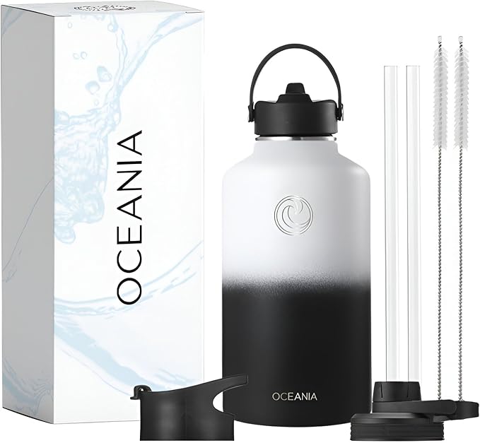 Oceania Flask 64oz Stainless Steel Water Bottles | Modern, Leakproof, Vacuum Insulated with 3 Lids, 3 Straws & 2 Straw Cleaning Brushes | Simple Lightweight Camping & Hiking Hydration Canteens