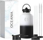 Oceania Flask 64oz Stainless Steel Water Bottles | Modern, Leakproof, Vacuum Insulated with 3 Lids, 3 Straws & 2 Straw Cleaning Brushes | Simple Lightweight Camping & Hiking Hydration Canteens
