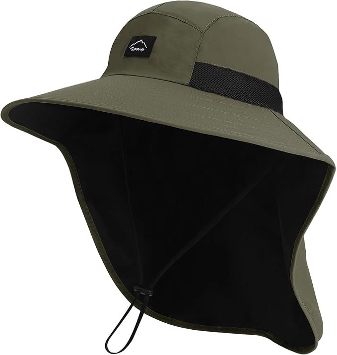 Rosoz Outdoor Sun Hat for Men Women, UPF50+ Protection Safari Cap Wide Brim Mesh Fishing Hat with Neck Flap Beach Garden