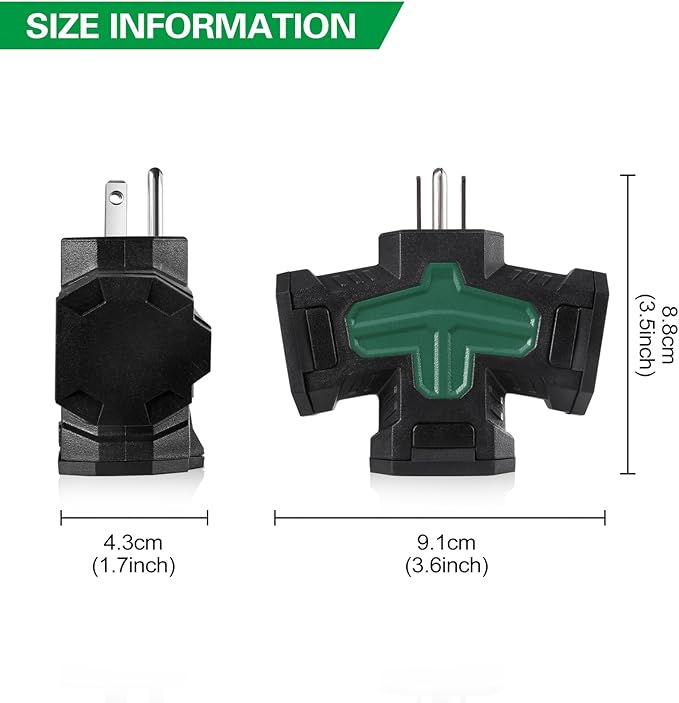 3 Outlet Indoor Outdoor Wall Adapter, ETL Listed 3-Prong Grounded Outlet Splitter, Weatherproof Heavy Duty Multi Outlet Power Plug Extender with Protective Cover, Black (Green, 2 Pack)