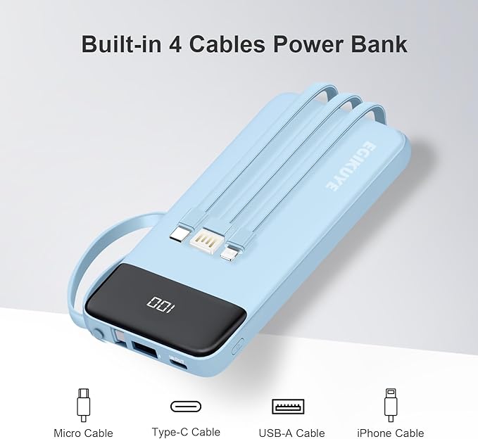 Power Bank 10000mAh Portable Charger with 4 Built-in Cables, Type-C in & Out Phone Charger, External Battery Charger Pack & Travel Essential for iPhone 16/15/14, Samsung, iPad, Android