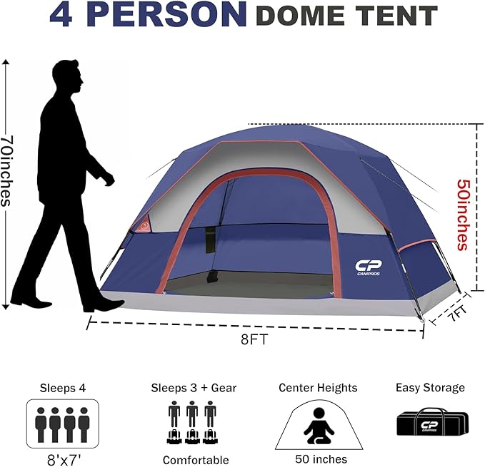 CAMPROS CP Tents for Camping 4 Person Tent Waterproof Windproof Double Layer Camping Tent, Easy Setup Dome Tent with Large Mesh Windows & Wider Door for Outdoor Camping & Hiking