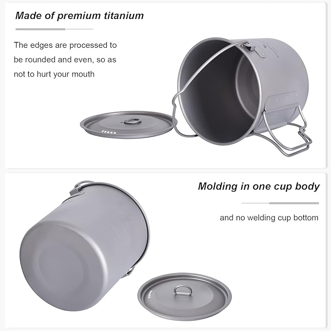iBasingo 1100ml Titanium Mug Camping Cup Tea Coffee Water Pot with Lid Ultralight Outdoor Travel Tableware with Foldable Handle Picnic Backpacking Trekking Portable Drinkware Survival Gear Ti3041D
