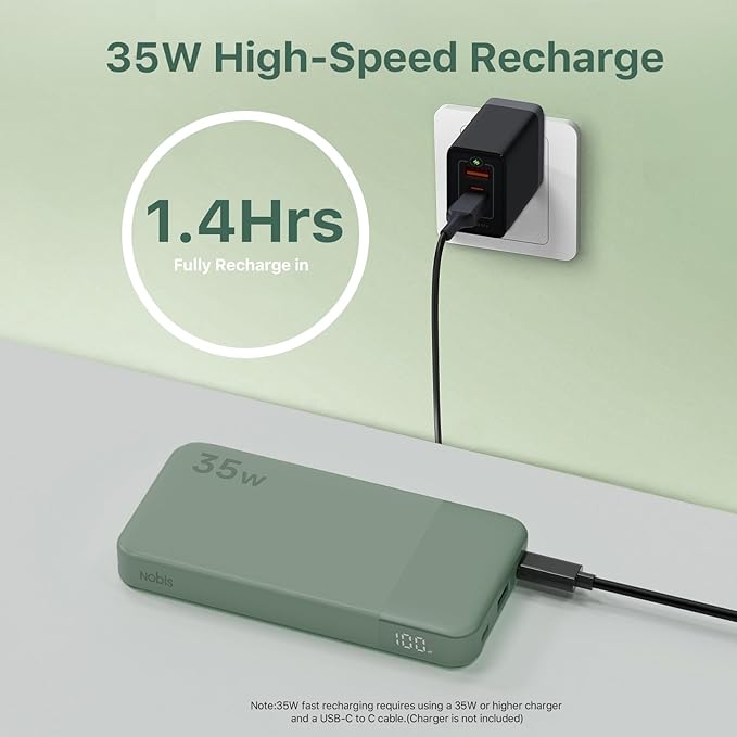 NOBIS Portable Charger, 10000mAh Power Bank Fast Charging, Battery Pack with C to C Cable, Battery Bank with Digital Display for iPhone iPad Android etc (Green, 35W)