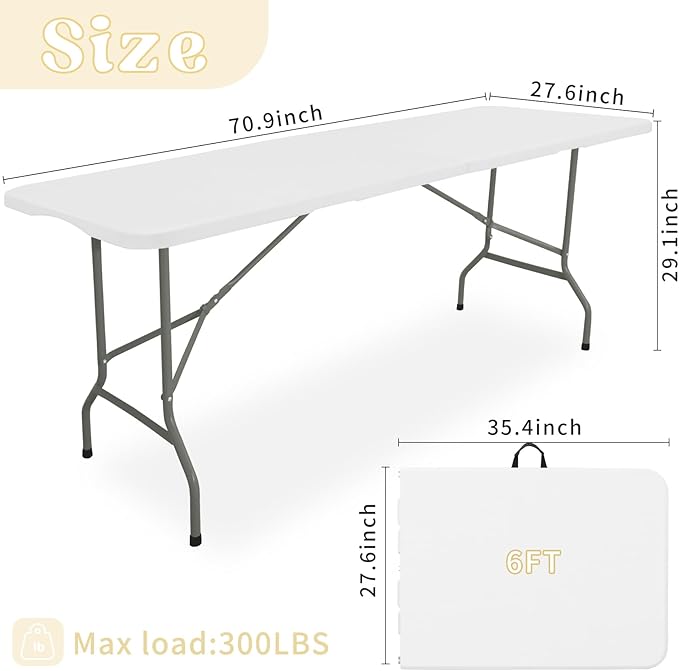 Set of 2 Folding Table 6 FT Lightweight Camping Table Portable Plastic Rectangular Outdoor Dining Table Steel Legs Fold-in-Half with Carrying Handle for Indoor,Picnic,Party,Wedding,Events(White)