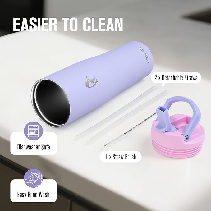 Coolflask Water Bottle 40 oz Fits Car Cup Holder, Slim Tumbler Stainless Steel with Straw & Handle, Vacuum Flask Leakproof Wide Mouth for Travel Sports Gym, Lavender