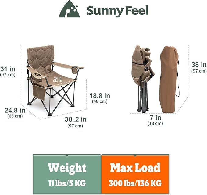 SUNNYFEEL XL Oversized Camping Chair, Folding Camp Chairs for Adults Heavy Duty Big Tall 500 LBS, Padded Portable Quad Arm Lawn Chair with Pocket for Outdoor/Picnic/Beach/Sports