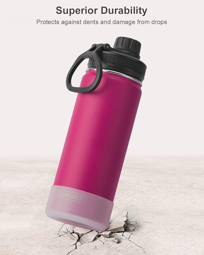 koodee Insulated Water Bottle, 18 oz Stainless Steel Double Wall Vacuum Wide Mouth Sport Bottle with Leakproof Spout Lid (Fuchsia Red)