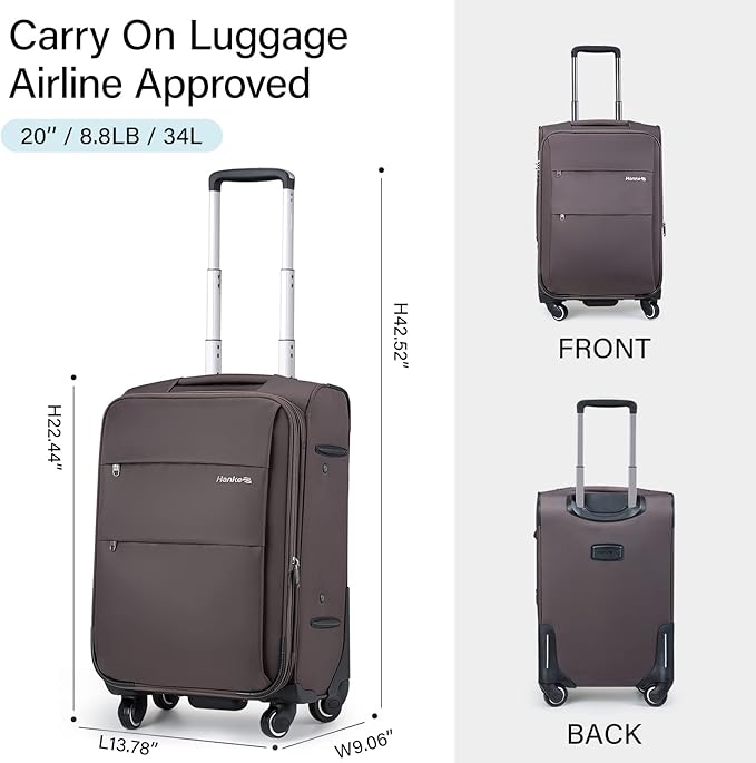 Hanke 20 Inch Expandable Carry On Luggage 22x14x9 Airline Approved Softside Suitcases with Wheels Lightweight Travel Luggage Rolling Suitcase with Lock for Men and Women.(Coffee)