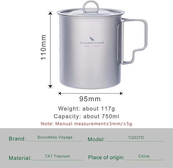 iBasingo 750ml Titanium Pot Camping Mug with Lid Tea Outdoor Ultra-light Coffee Water Cup Portable Hiking Backpacking Cooking Kit Picnic Cooking Kit with Foldable Handle Ti3037D