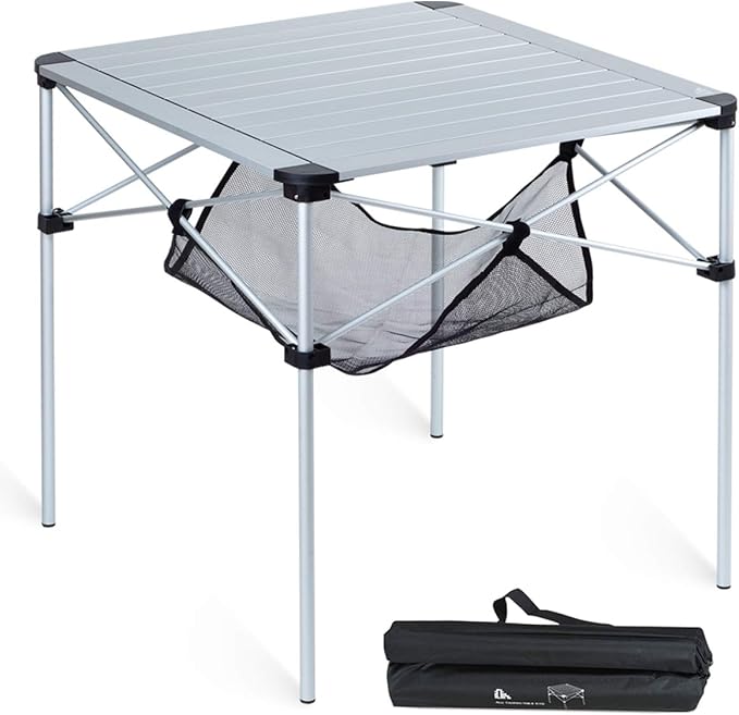 iClimb Lightweight Stable Alu. Folding Square Table Roll Up Top with Carry Bag for Camping Picnic Backyards BBQ Camp Kitchen (Silver, L)