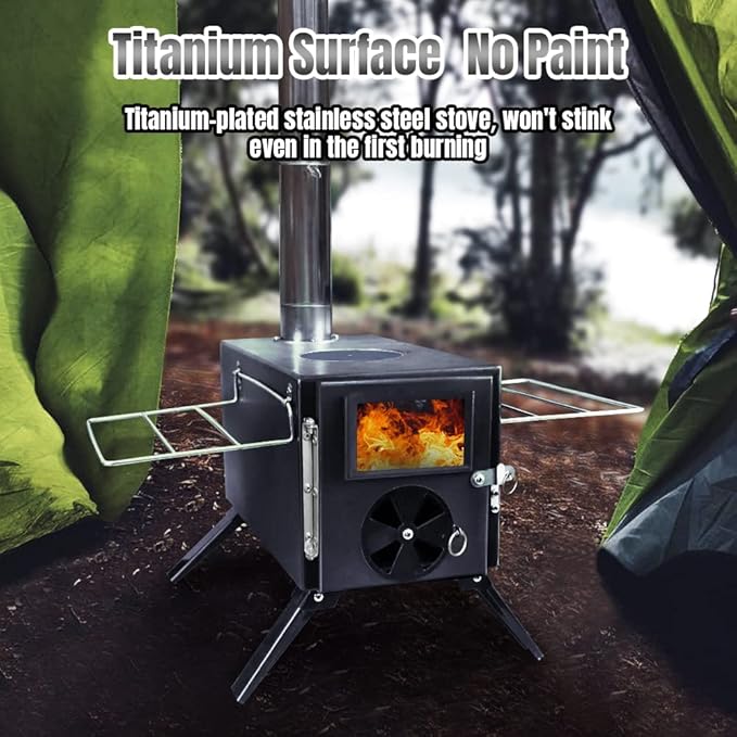 Fitinhot Camp Wood Stove, Tent Wood Burning Stoves Portable with Chimney Pipes, Upgraded Titanium Surface Camping Stove, Heat Resistant Glass & Gloves for Outdoor (Black)