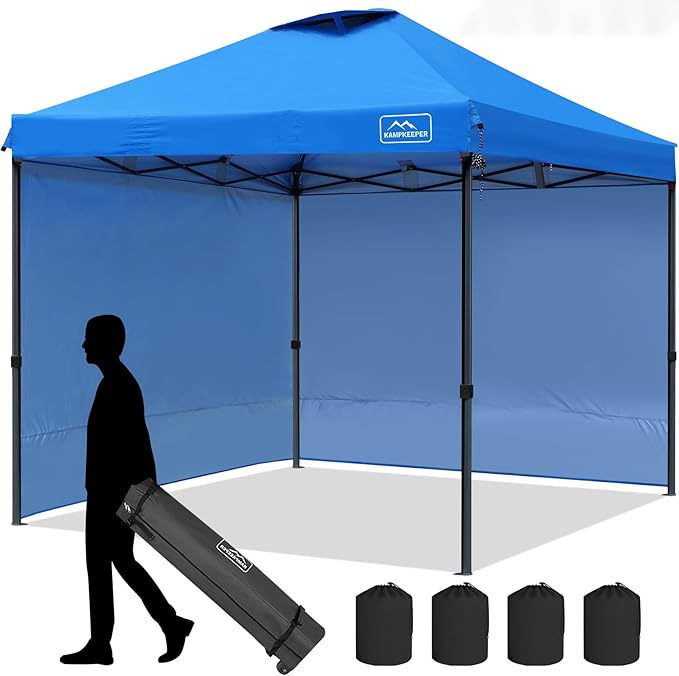 KAMPKEEPER 10x10 Pop Up Canopy Tent with 2 Sidewalls, Beach Tent - Easy Outdoor Sun Shade for Events, Parties, Camping - Gazebo with 4 Weight Bags & Carry Bag.（Blue）