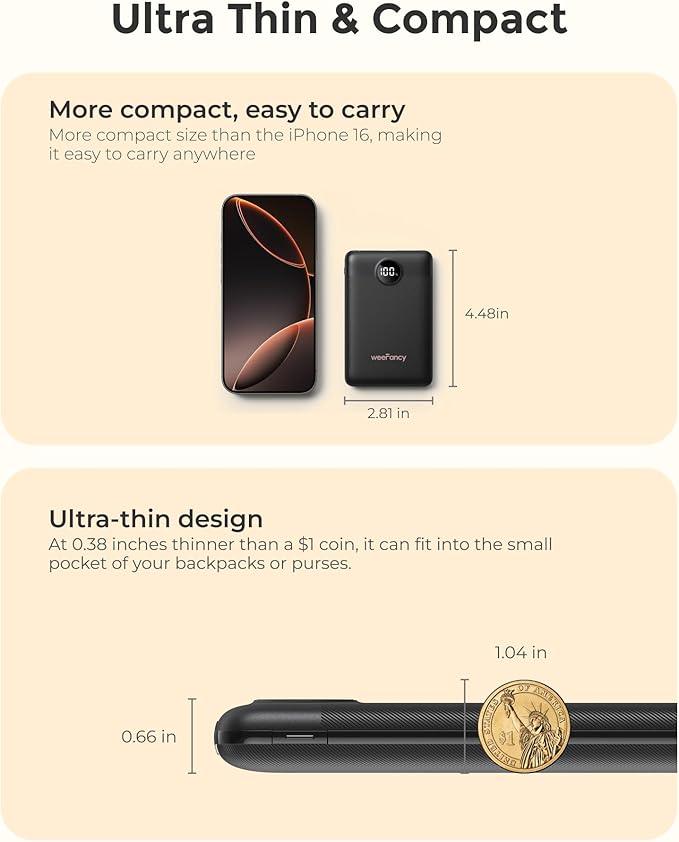 Small Portable Charger Power Bank 10,000 mAh, Upgraded Compact Battery Pack for Phone Charging, PD3.1 & QC Fast Charging Mini Travel Power Bank for iPhone/Samsung/Google/Tablet/AirPod (Black)