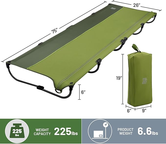 TIMBER RIDGE Lightweight Aluminum Camping Cot, 20-Second Quick Set-Up Folding Cot Low Profile with Zipper Closure, Portable Carry Bag for Camping, Travel and Outdoors, Support up to 225lbs, Green