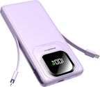 Portable Charger Power Bank with Built-in Cables, 22.5W Fast Charging 10000mAh Phone Charger, Travel Battery Pack Slim Battery Bank with Smart LED Display for iPhone, Android & USB-C Devices (Purple)