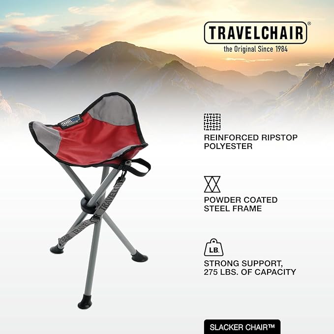 Travel Chair Slacker Tripod Chair for Camping, Lightweight Chair, Adjustable Carry Strap for Easy Transport | Oversized Duck Feet for Improved Stability | Perfect for Outdoor Adventures (Red)