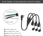 Outdoor 3-Outlet Power Splitter, 90-Degree Flat Plug 1 to 3 Way Outlet Adapter 1.5FT SJTW 16AWG 3-Prong Power Cord Extension Strip with Outlet Cover for Holiday Decoration String Light(2-Pack)