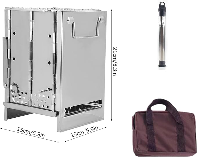 Portable Wood Burning Camp Stove with Grill - Folding, Backpacking, Box Stove with Fire Blowing Stick and Carrying Bag