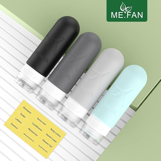 ME.FAN Travel Bottles for Toiletries, TSA Approved 3oz Travel Size Containers, Silicone Squeezable Portable Split Bottle, Travel Accessories for Conditioner, Shampoo, Lotion- 4 Pack Gery