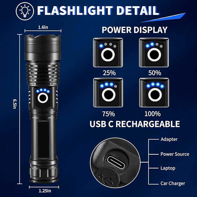 3Pack Rechargeable Flashlights High Lumens, Super Bright Flashlight, 5Modes LED Flashlight Rechargeable, Adjustable Tactical Flashlights High Powered, Flash Lights for Emergency Camping Home