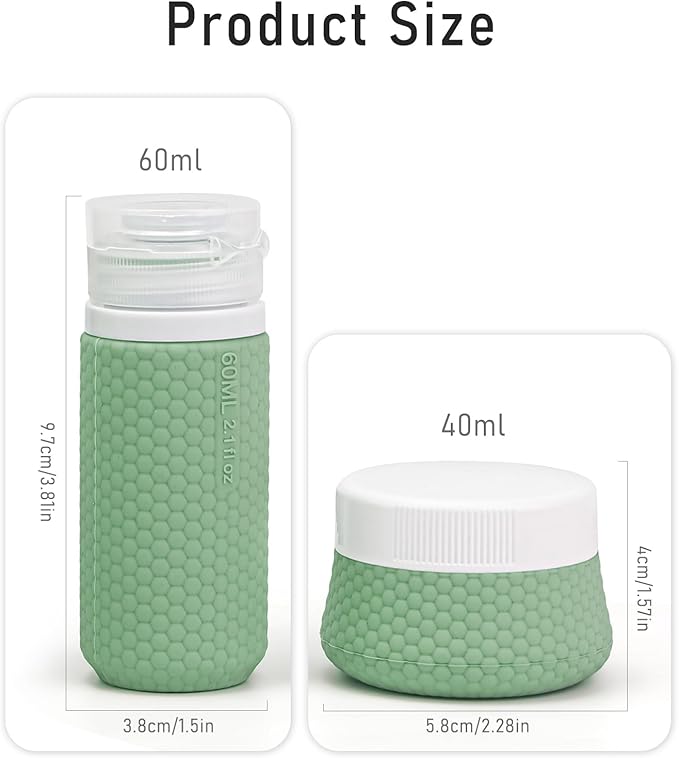 Travel Bottles for Toiletries 2oz 60ml 2 Pack + Cosmetic Jar 40ml 1.35oz Luxury Leather Pattern, Anti-slip Silicone Premium Refillable Bottle Set with Facial Brush for Gym Men Women, Green