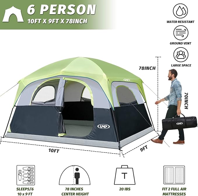 UNP Tents 6 Person Waterproof Windproof Easy Setup,Double Layer Family Camping Tent with 1 Mesh Door & 5 Large Mesh Windows -10'X9'X78in(H)