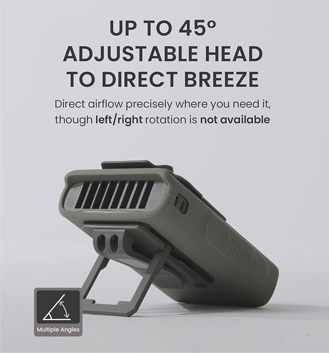 Claymore Clip Fan Khaki – Portable Rechargeable Fan with 5200mAh Battery, 5-Speed Quiet BLDC Motor, Hands-Free Clip Design with Neck Strap, USB-C Charging – Ideal for Camping, Hiking, Outdoor Use