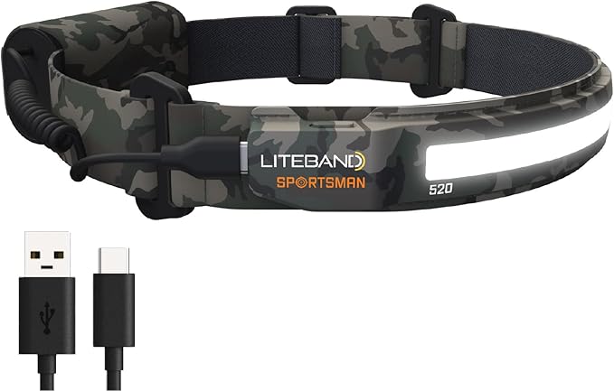 LED Headlamp Liteband Lightweight ACTIV 520 Lumen Bright Head Lamp, Powerful High Rechargeable Battery Powered Headlamps, Camping, Running, Hard Hat Light, Best Rated For Forehead Flashlight, Camo