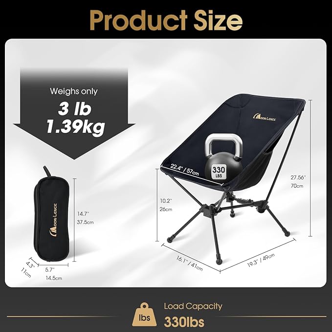 MOON LENCE Portable Snap-Lock Camping Chair, Folding Compact Chair, Lightweight Foldable Backpacking Support 330 lbs (Black)