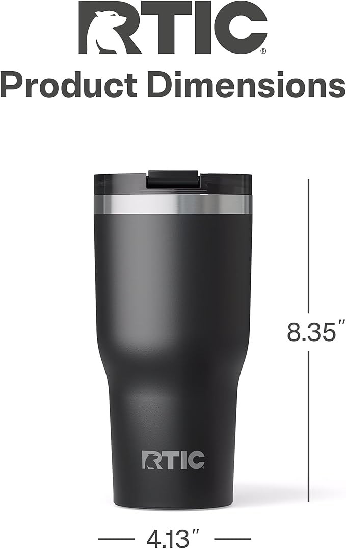 RTIC 30oz Essential Tumbler with Lid, Ceramic Lined, Insulated, Stainless Steel, Metal, Double Wall Vacuum-Insulation, Travel Cup for Iced Coffee, Tea, Hot and Cold Drink, Black